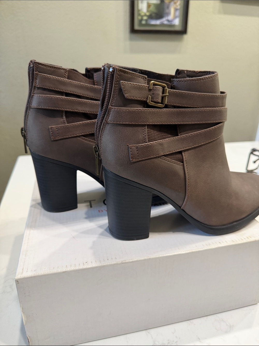 Dream Pairs Taupe Wrap-Strap Block Heel Ankle Boots